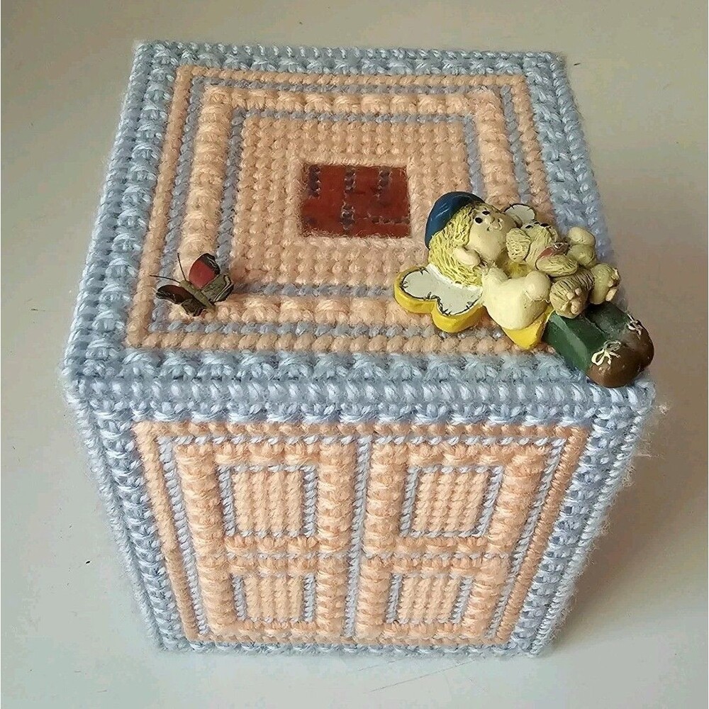 Vintage Handmade Needle Point Tissue Box Peach And Baby Blue